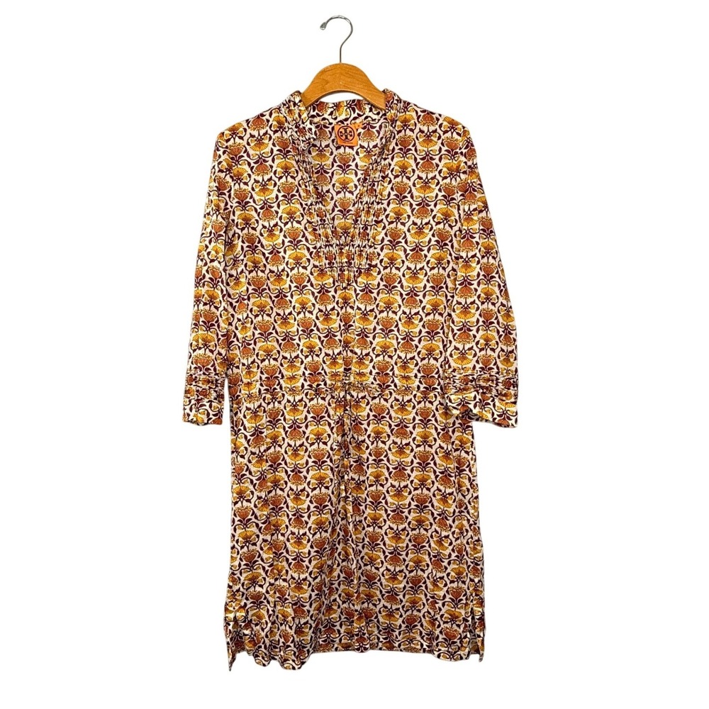 Tory Burch Tunic Dress Women 12 Orange Floral Cotton V-Neck Long Sleeve Boho